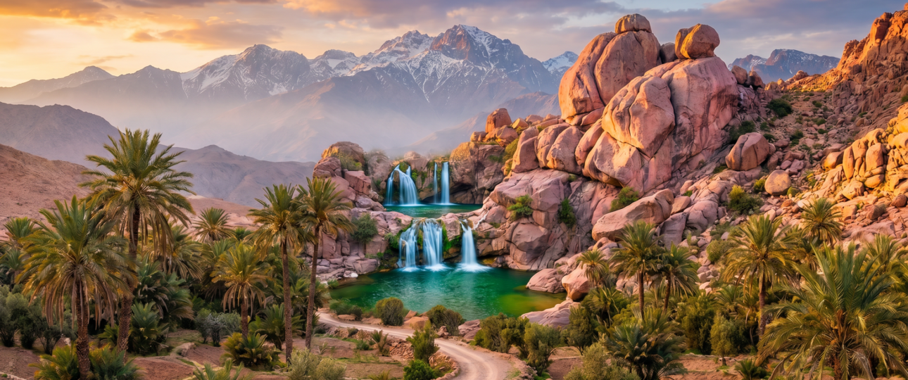 Scenic panoramic view of hidden gems in Morocco featuring Akchour waterfalls, pink granite rocks of Tafraoute, palm oasis, and Atlas Mountains at sunset