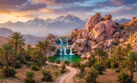 Scenic panoramic view of hidden gems in Morocco featuring Akchour waterfalls, pink granite rocks of Tafraoute, palm oasis, and Atlas Mountains at sunset