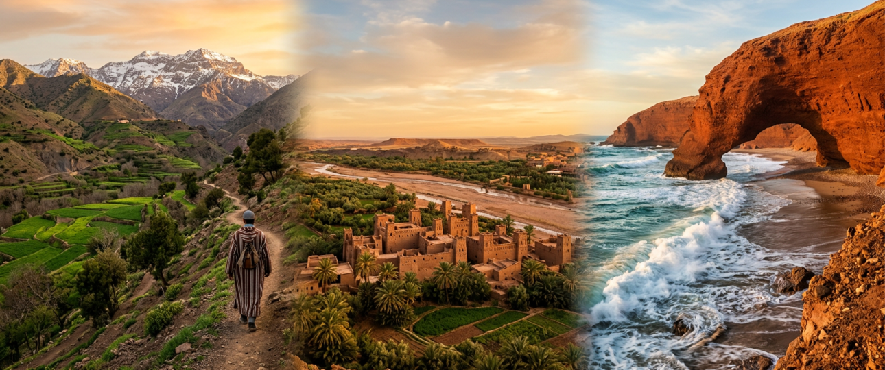 Collage of Morocco's hidden gems: High Atlas mountain trail, red sandstone coastal arches at a wild Atlantic beach, and an ancient mud-brick kasbah surrounded by a palm oasis at golden hour — secret spots off the beaten path in Morocco.