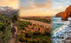 Collage of Morocco's hidden gems: High Atlas mountain trail, red sandstone coastal arches at a wild Atlantic beach, and an ancient mud-brick kasbah surrounded by a palm oasis at golden hour — secret spots off the beaten path in Morocco.
