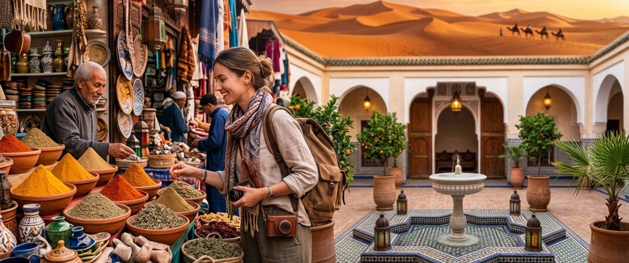 Budget traveler exploring a colorful Moroccan souk with traditional riad architecture and Sahara desert dunes in the background, representing affordable travel in Morocco