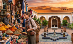 Budget traveler exploring a colorful Moroccan souk with traditional riad architecture and Sahara desert dunes in the background, representing affordable travel in Morocco