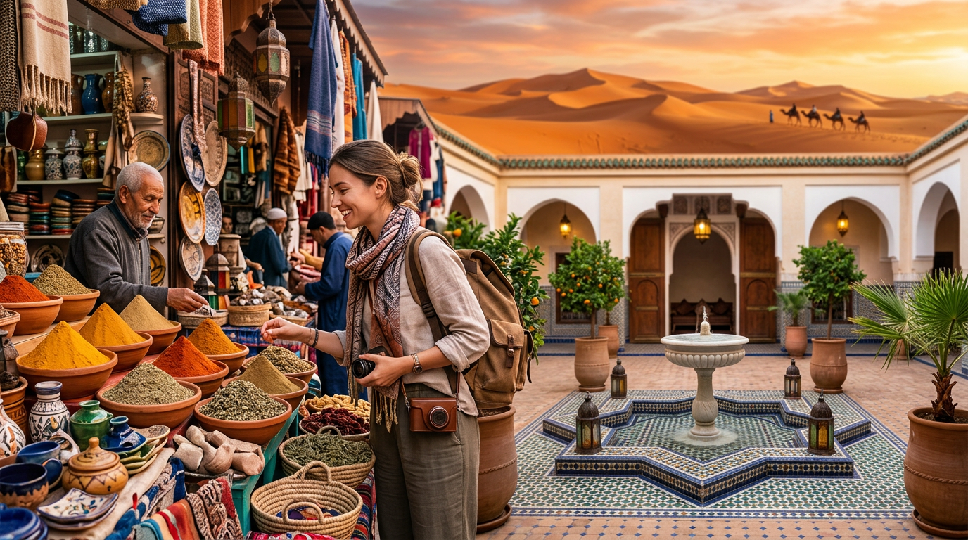 Save money in Morocco – colorful souk market with spices and crafts showing budget travel opportunities