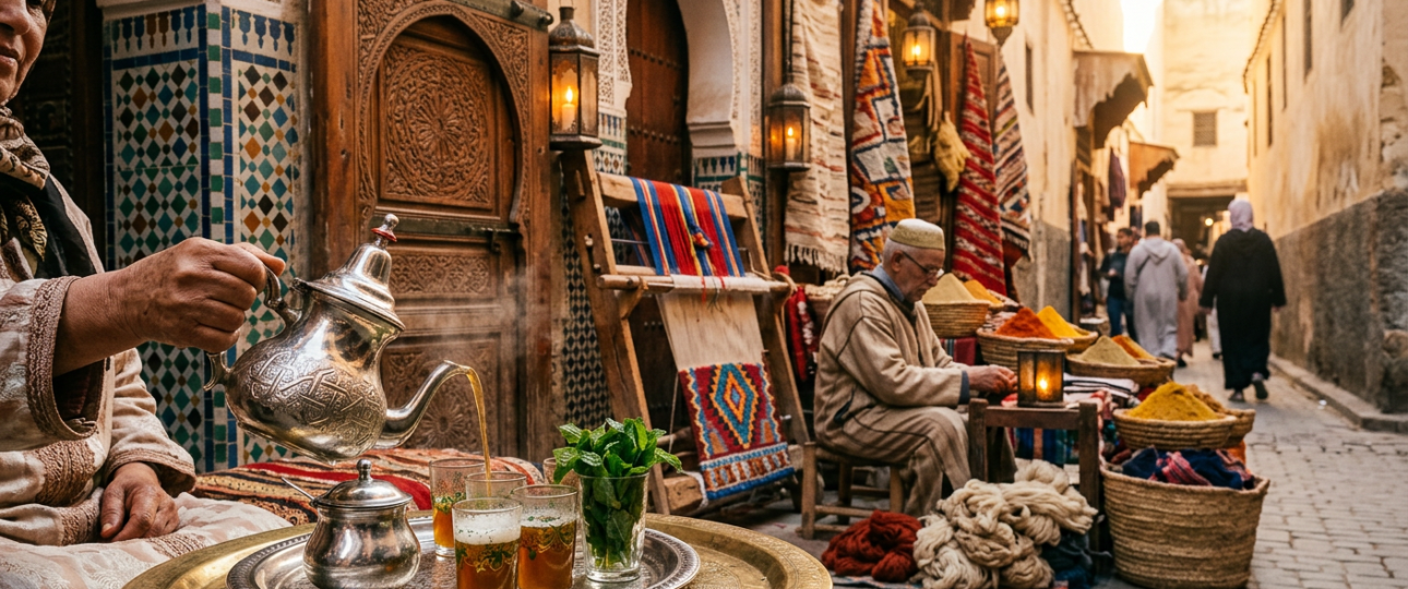 Traditional Moroccan cultural scene in a historic medina with mint tea ceremony, Berber artisan weaving carpet, colorful zellige tiles, and glowing lanterns at sunset
