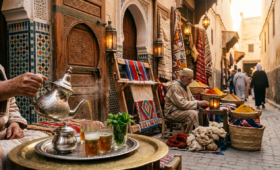 Traditional Moroccan cultural scene in a historic medina with mint tea ceremony, Berber artisan weaving carpet, colorful zellige tiles, and glowing lanterns at sunset