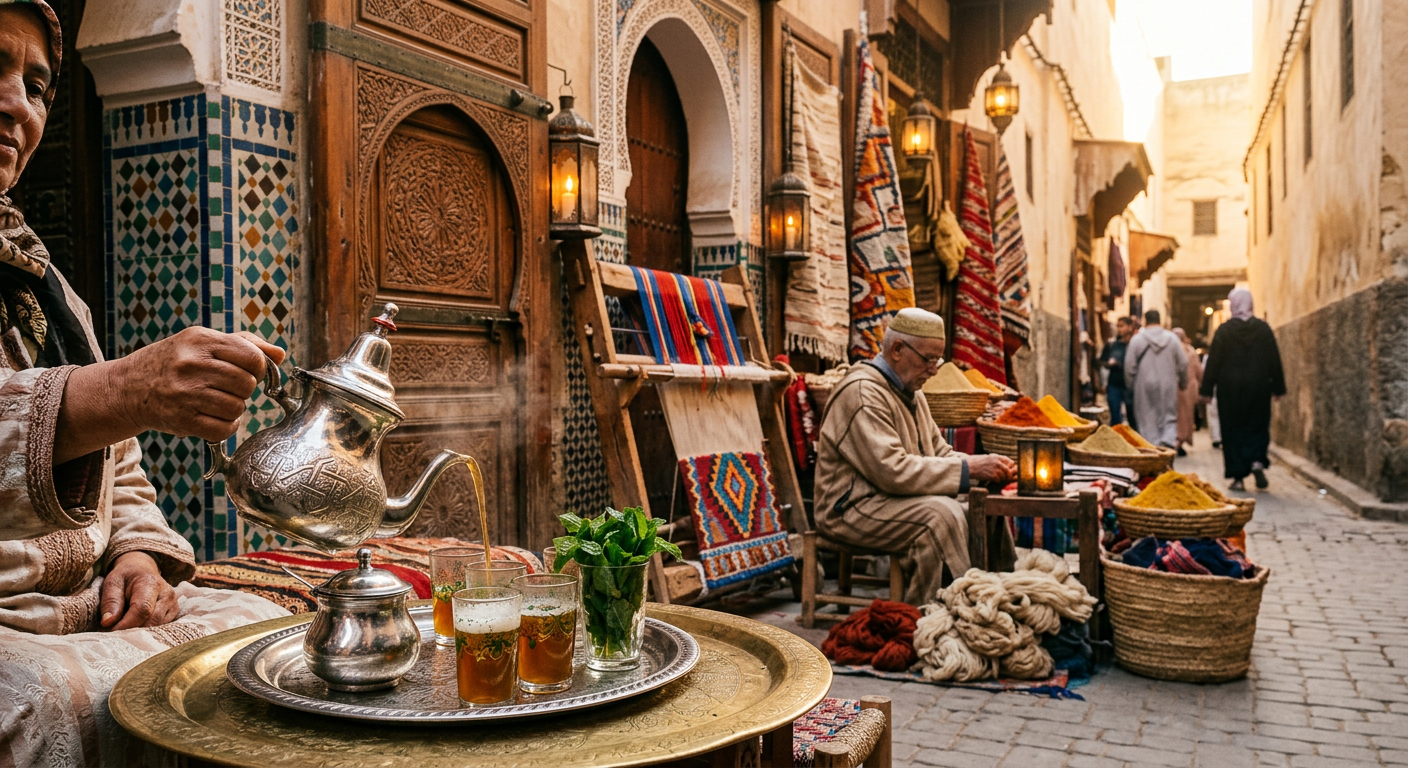 Traditional Moroccan medina architecture — intricate zellige tilework and carved cedar doors reflecting Moroccan traditions