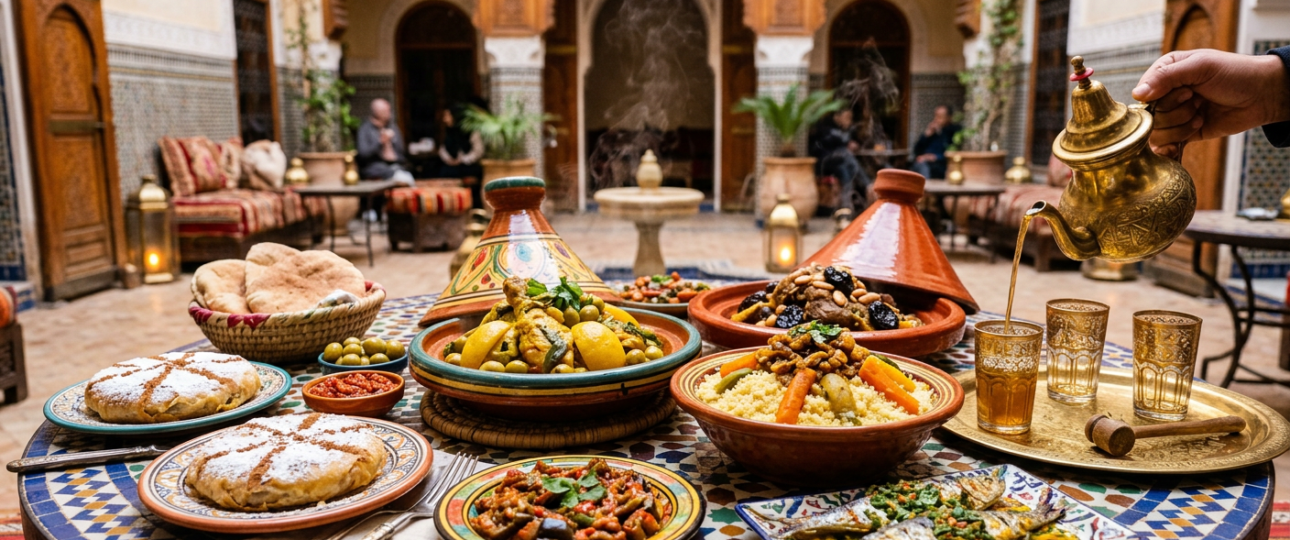Moroccan feast with chicken tagine, lamb with prunes, couscous, pastilla, grilled sardines, zaalouk salads, fresh bread, and mint tea served on a traditional mosaic table in a riad courtyard.