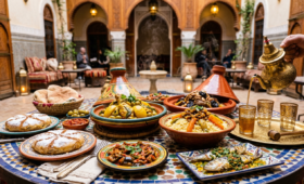 Moroccan feast with chicken tagine, lamb with prunes, couscous, pastilla, grilled sardines, zaalouk salads, fresh bread, and mint tea served on a traditional mosaic table in a riad courtyard.
