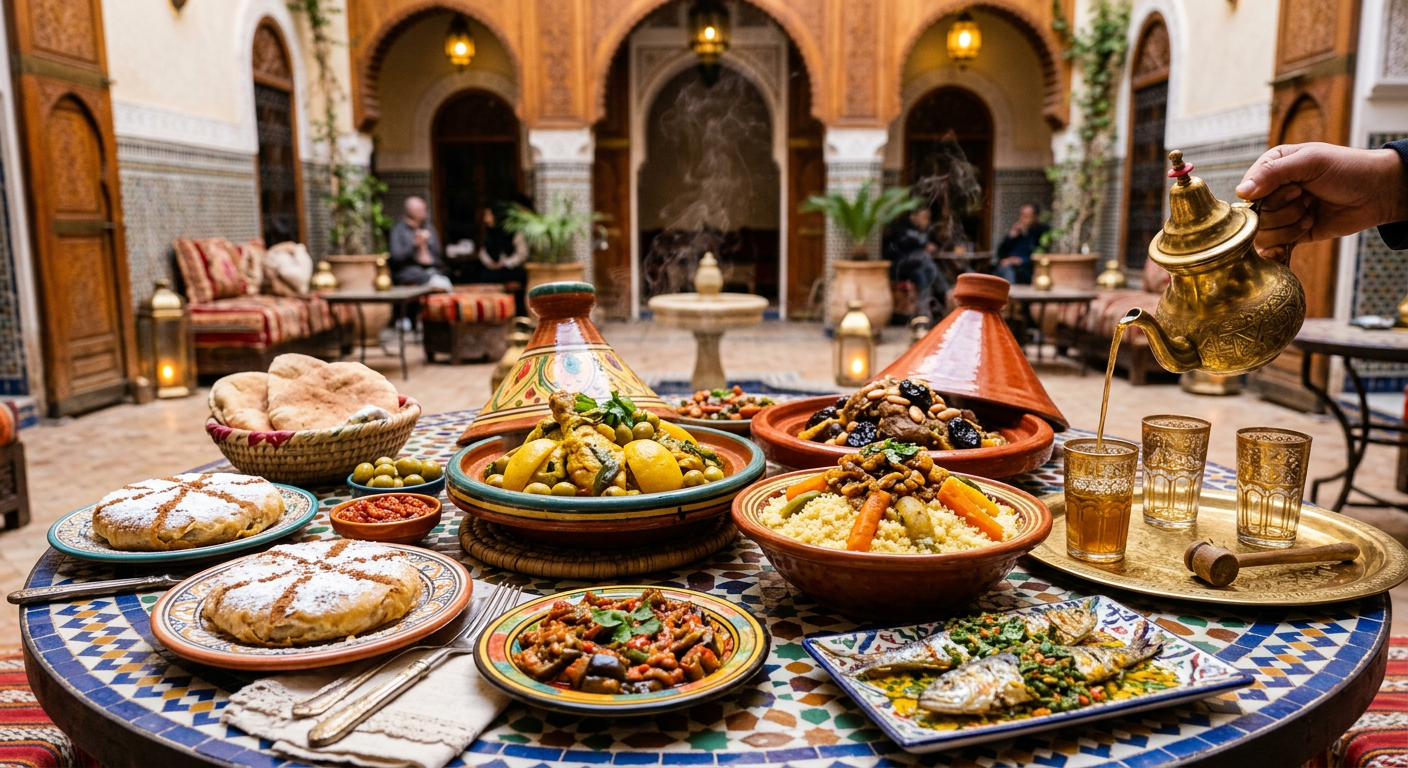Best Moroccan dishes including tagine, couscous, and pastilla arranged on a traditional table