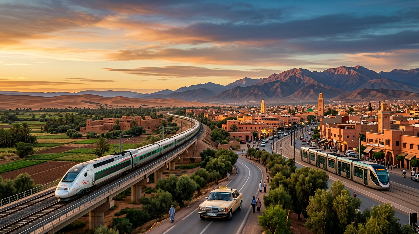 Morocco transportation guide showing trains, buses, and taxis across Moroccan landscapes
