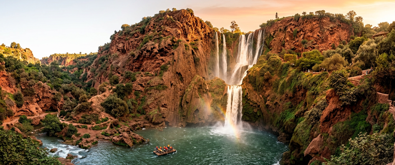 Panoramic view of Ouzoud Waterfalls in Morocco with multi-tiered cascades, red rock cliffs, lush olive trees, and a small raft near the base during golden hour.