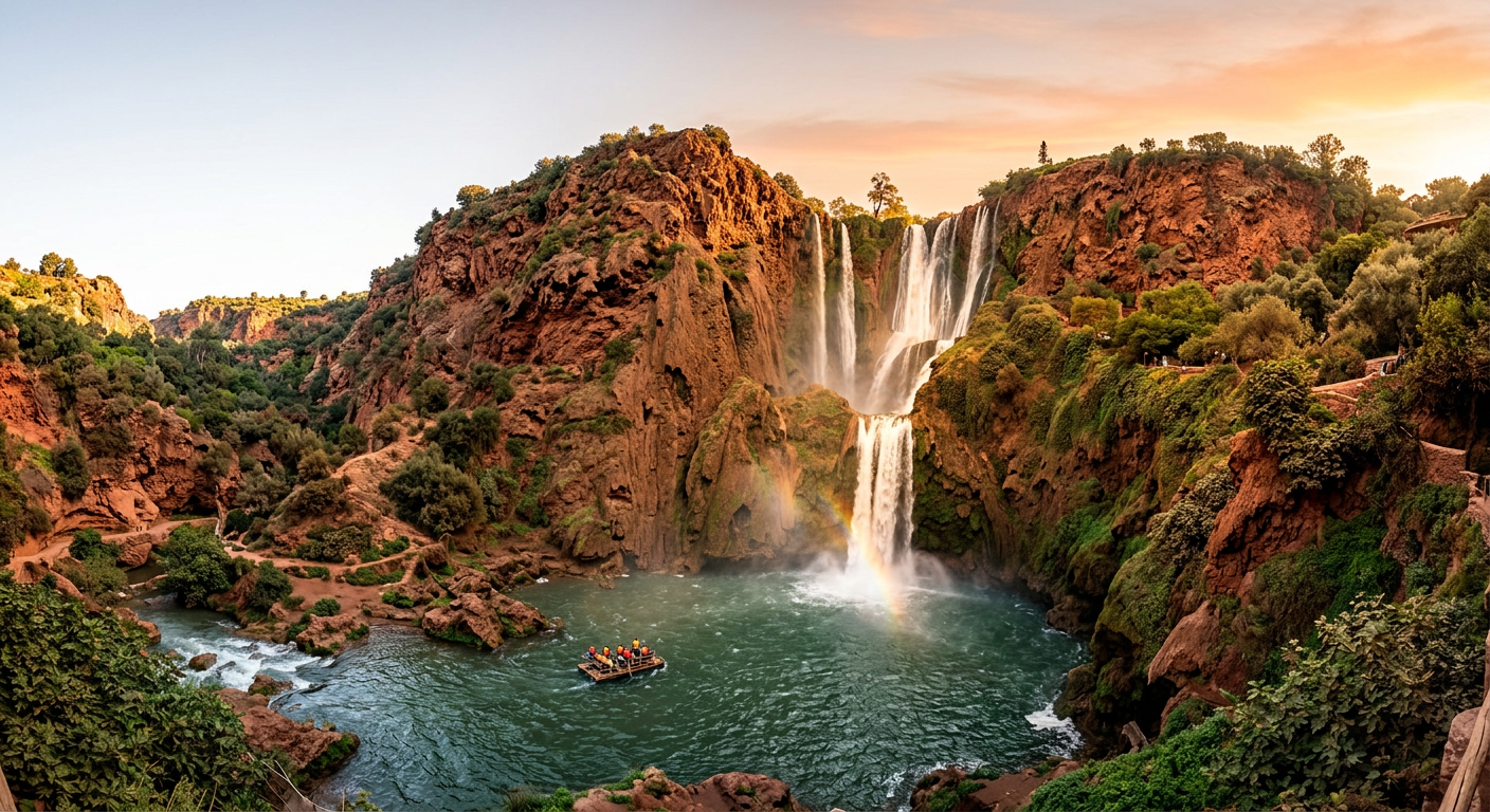 Ouzoud Waterfalls day trip — multi-tier cascade surrounded by lush greenery in Morocco