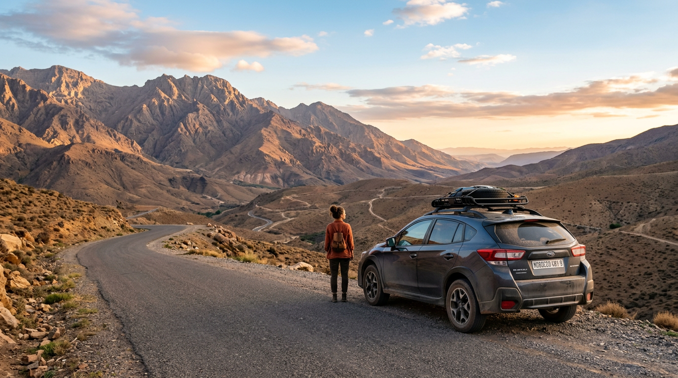 Renting a car in Morocco – scenic road through Atlas Mountains with rental car driving toward the horizon