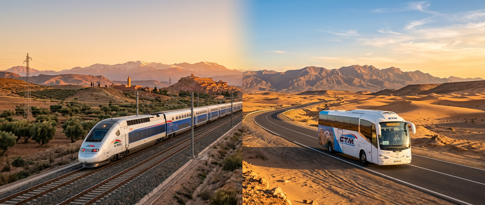 Morocco trains and buses public transport guide showing a modern train crossing Moroccan landscape
