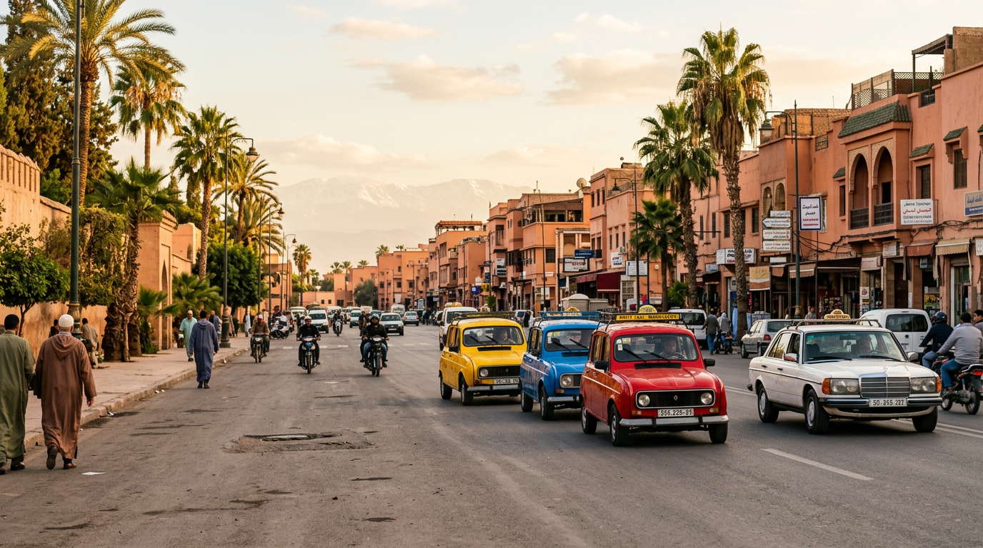Taxi services Morocco - petit taxi driving through a Moroccan city street