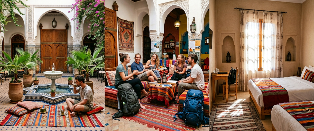 Cheap accommodation in Morocco including traditional riad courtyard, rooftop terrace in Marrakech medina, and budget-friendly traveler stay