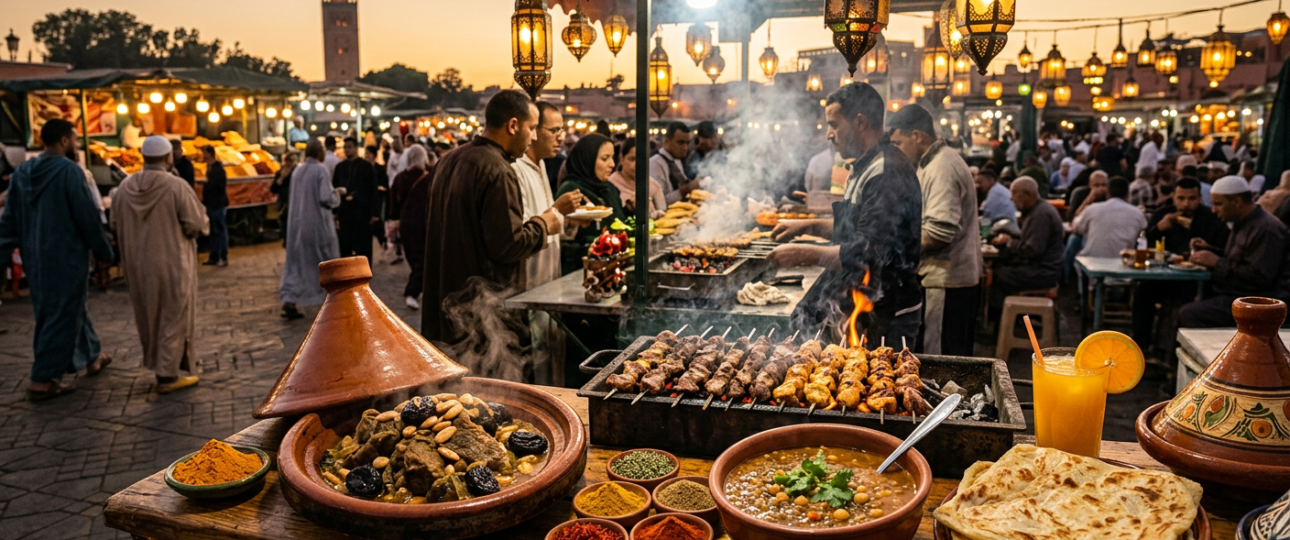Vibrant Moroccan street food scene in Jemaa el-Fnaa Marrakech featuring tagine, grilled brochettes, harira soup, fresh bread, and orange juice at sunset market stalls