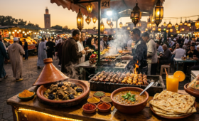 Vibrant Moroccan street food scene in Jemaa el-Fnaa Marrakech featuring tagine, grilled brochettes, harira soup, fresh bread, and orange juice at sunset market stalls