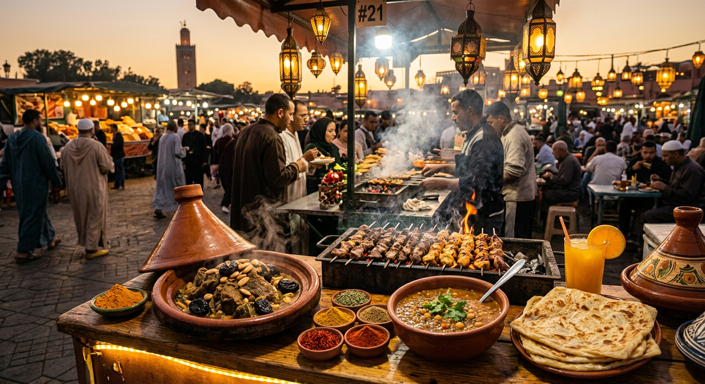 Moroccan street food brochettes and tagines at a bustling market stall in Marrakech
