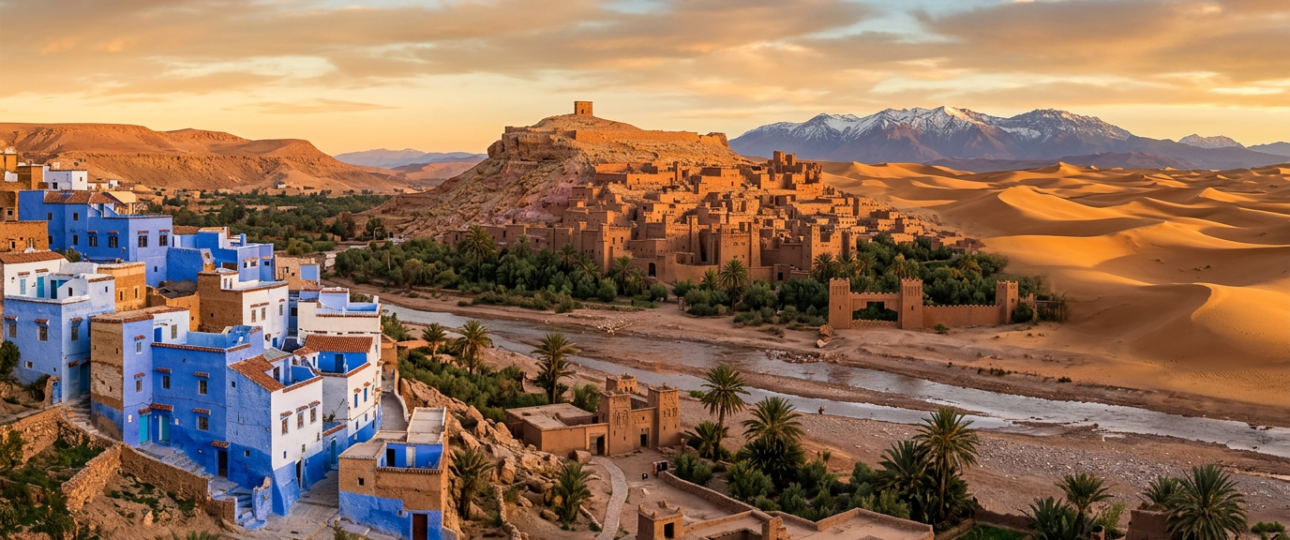 Panoramic banner image of a traditional Moroccan village featuring blue-painted houses, an ancient earthen kasbah, and desert dunes in the distance, surrounded by Atlas Mountains under a warm golden sunset sky.