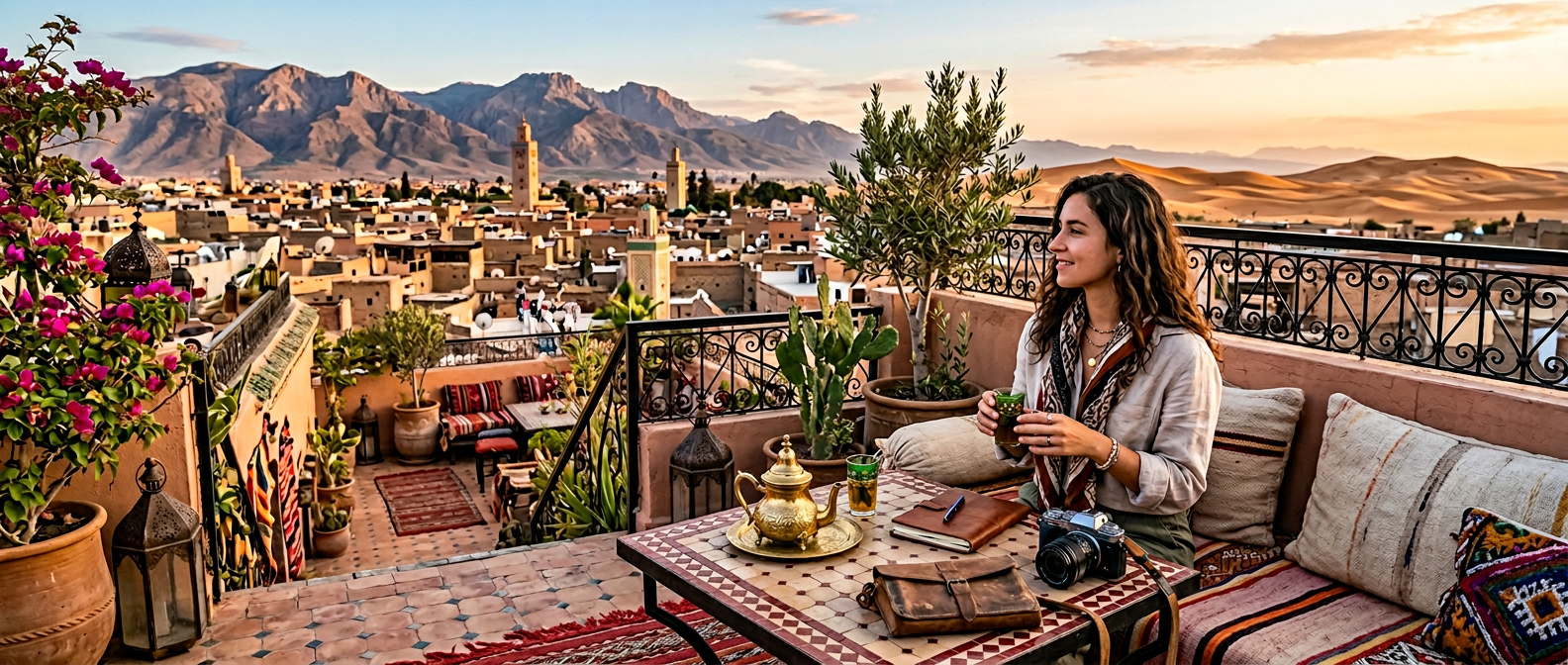 Morocco travel cost guide showing colorful Moroccan market and landscape for 2026 budget planning