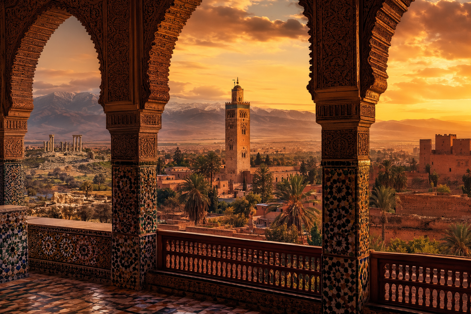 Ancient Moroccan architecture with zellige tiles and arches overlooking Koutoubia Mosque, Atlas Mountains and Sahara Desert at sunset representing Morocco's rich history