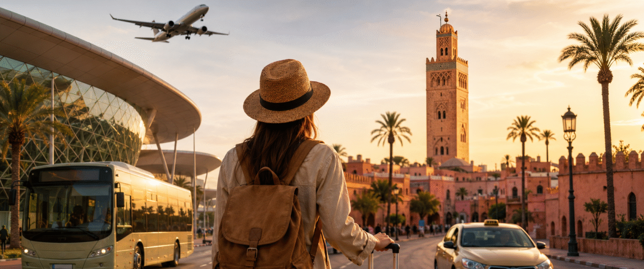 Traveler arriving at Marrakech Menara Airport with a suitcase, overlooking the city skyline with airport bus, taxi, and Koutoubia Mosque at sunset.