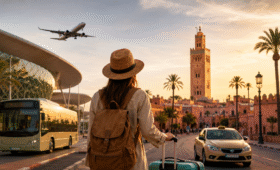 Traveler arriving at Marrakech Menara Airport with a suitcase, overlooking the city skyline with airport bus, taxi, and Koutoubia Mosque at sunset.