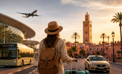 Traveler arriving at Marrakech Menara Airport with a suitcase, overlooking the city skyline with airport bus, taxi, and Koutoubia Mosque at sunset.