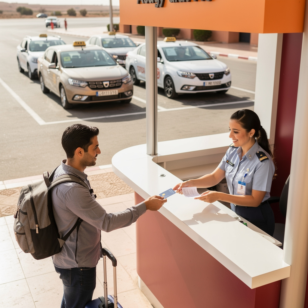 Traveler paying at the official prepaid taxi kiosk outside Menara Airport in Marrakech with taxis waiting in the background