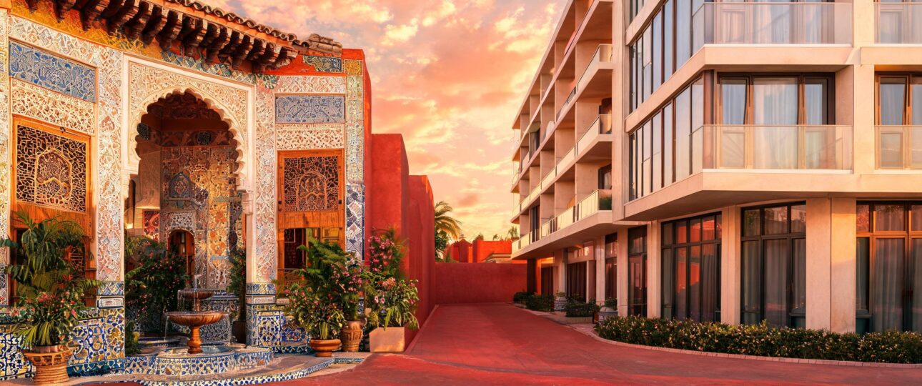 A visual comparison of a traditional Riad versus a modern Hotel in Marrakech, highlighting contrasting architecture and design