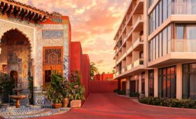 A visual comparison of a traditional Riad versus a modern Hotel in Marrakech, highlighting contrasting architecture and design
