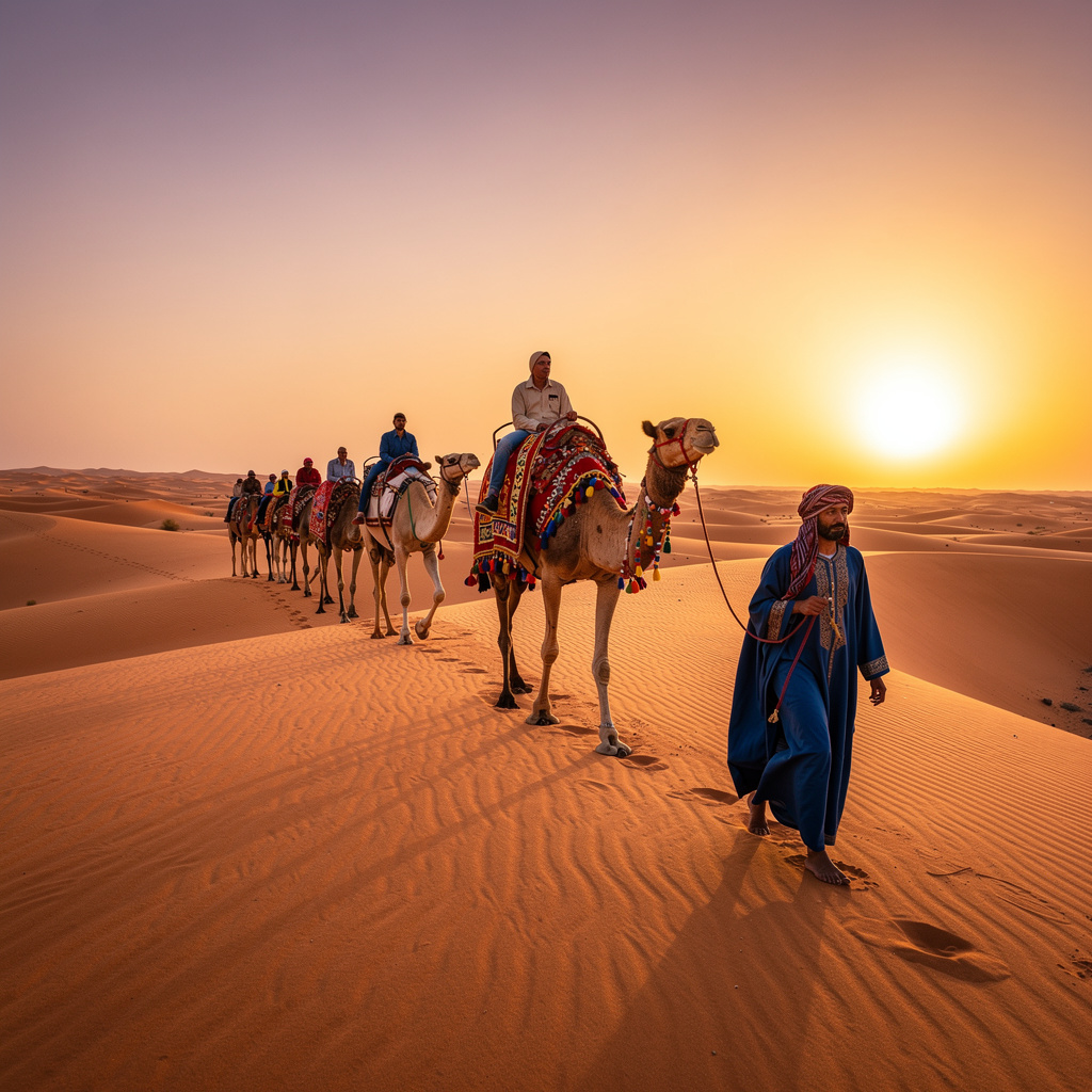 Camel trekking through Erg Chebbi dunes at sunset on a Sahara desert tour from Marrakech