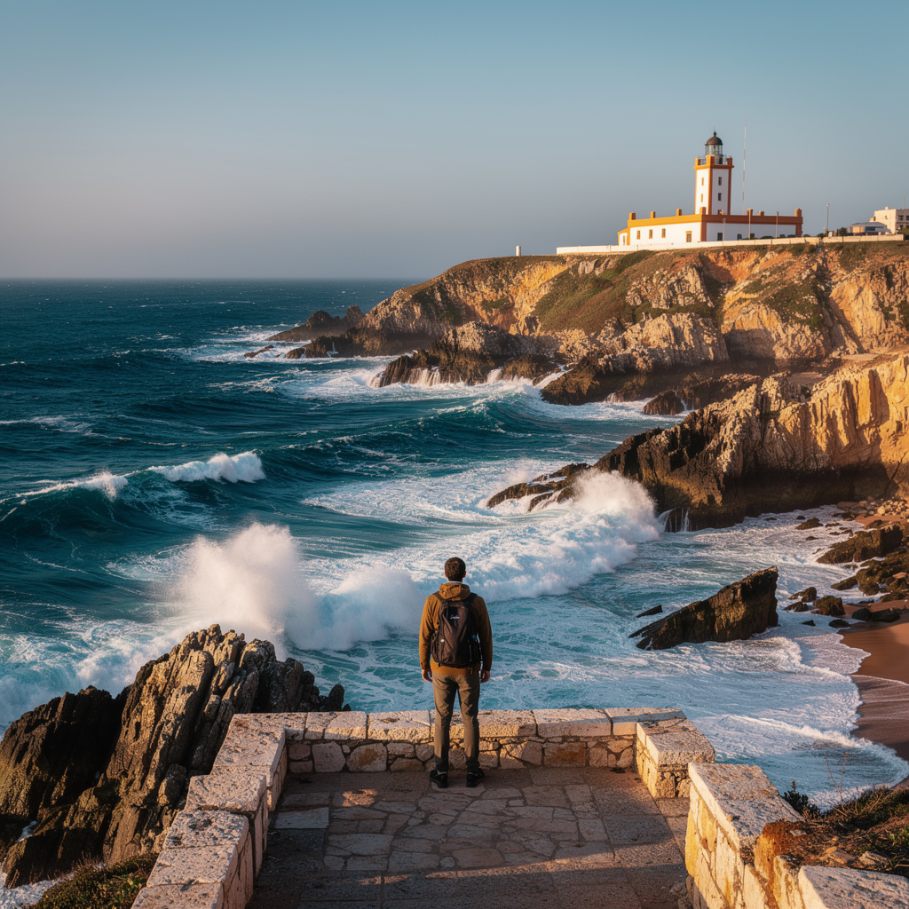 Cap Spartel Achakar beach Tangier where Atlantic meets Mediterranean, morocco beach mediterranean experience with dramatic cliffs and lighthouse view