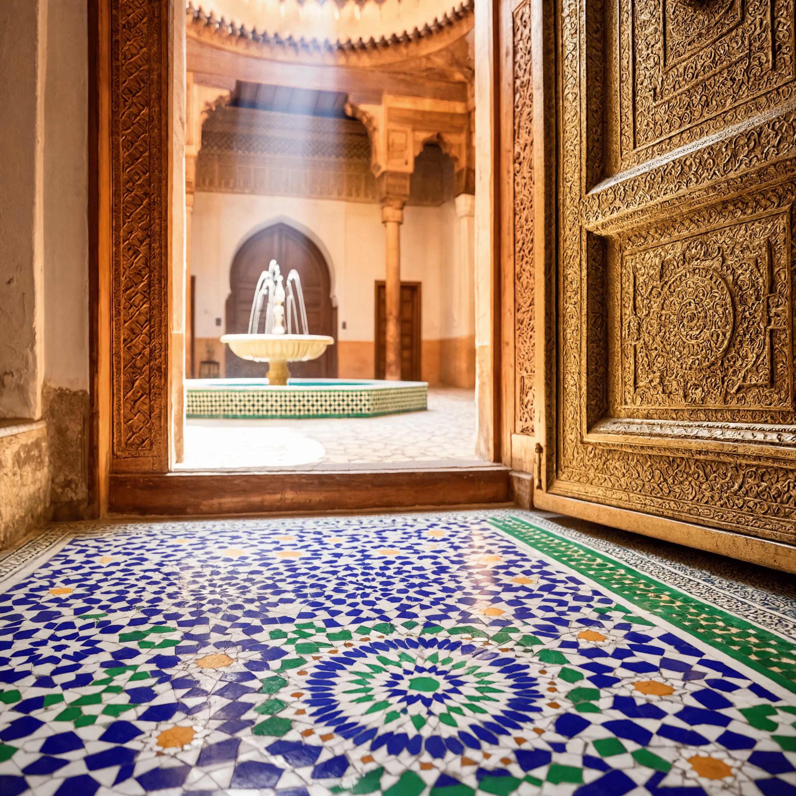 Close-up of intricate zellige tiles, carved wooden door, and central fountain inside a traditional Marrakech Riad