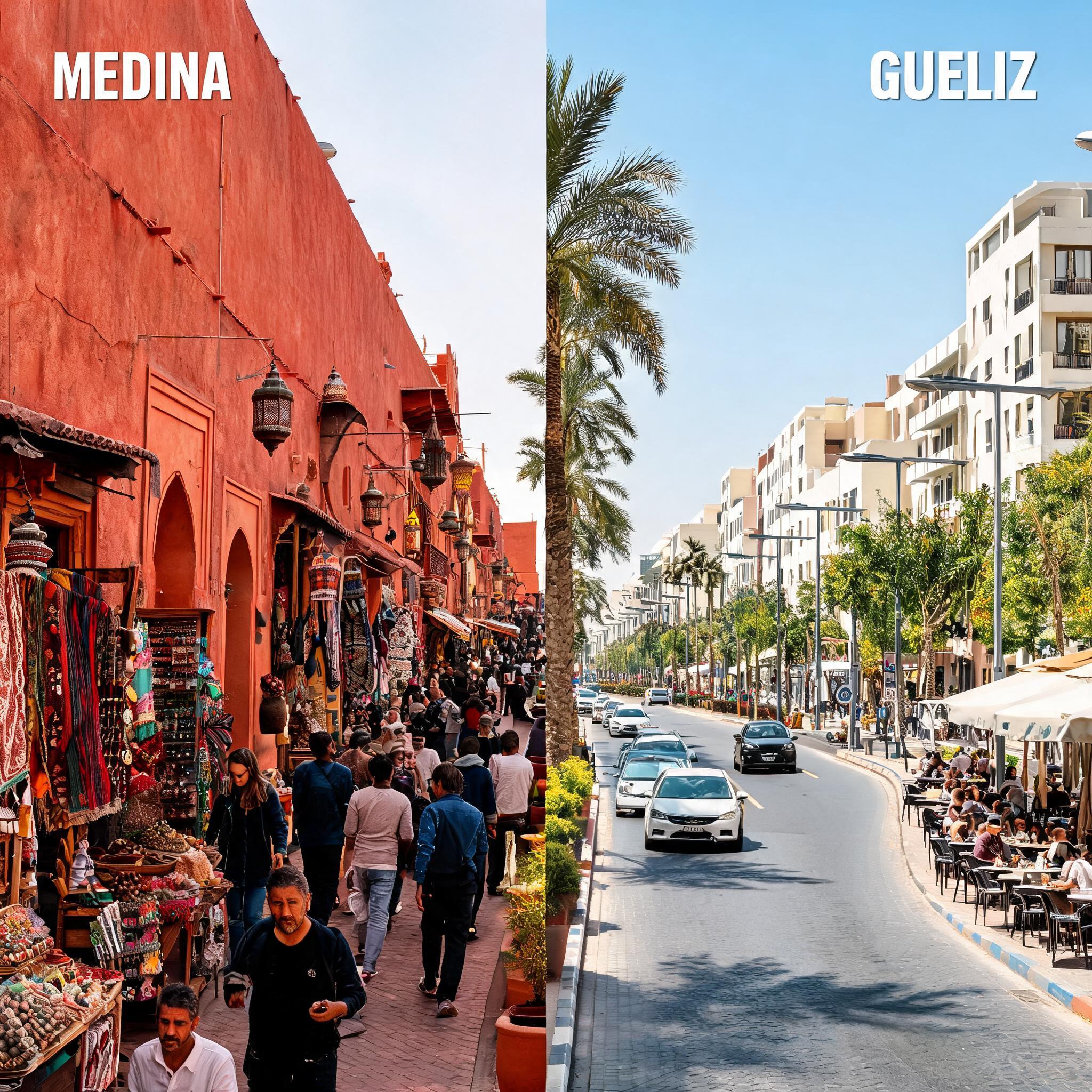 Comparison of a narrow souk alley in Marrakech Medina versus a wide modern avenue with cafes in Gueliz district