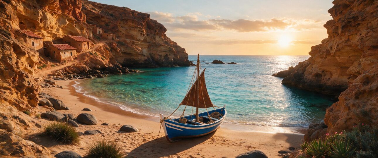 Discover hidden beaches Morocco- a secluded golden cove with turquoise water and fishing boat, perfect for off-the-grid coastal travel in Morocco