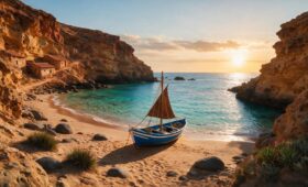 Discover hidden beaches Morocco- a secluded golden cove with turquoise water and fishing boat, perfect for off-the-grid coastal travel in Morocco