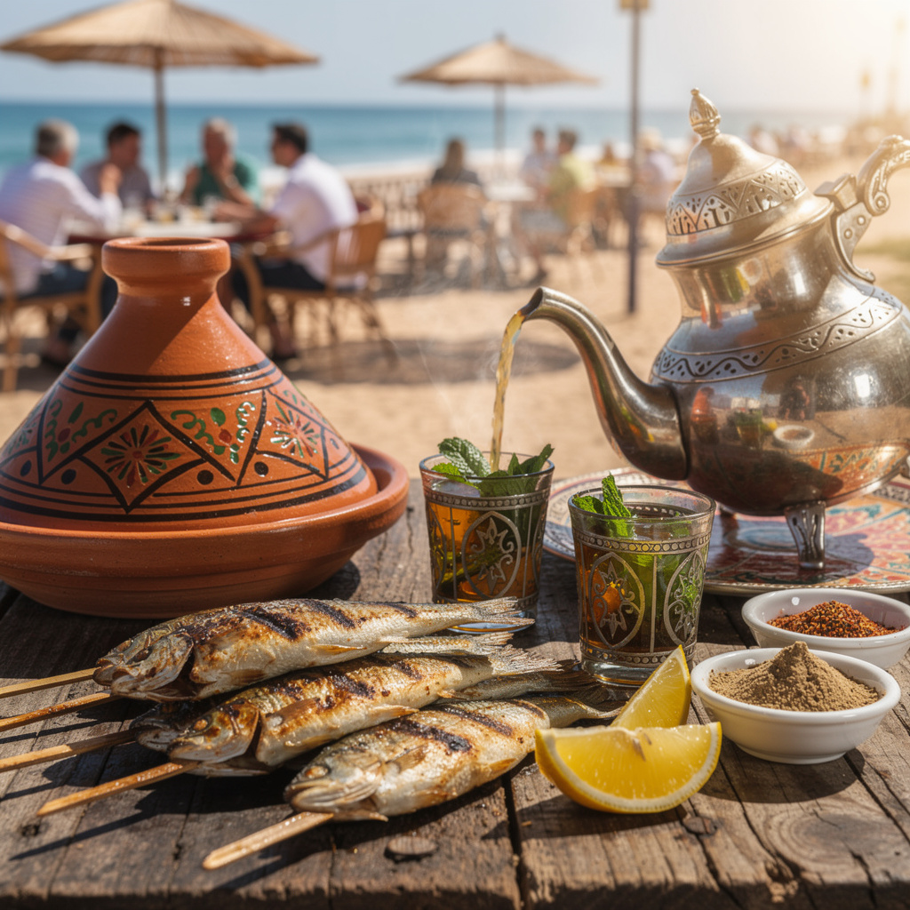 Fresh grilled fish skewer with lemon wedges and mint tea at beachside restaurant in Agadir Morocco, ocean background, demonstrating safe freshly cooked seafood choices