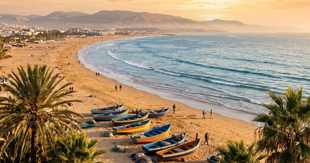 Golden hour panoramic view of Agadir beach with palm trees, fishing boats, and Atlas mountains - affordable Morocco beach holidays