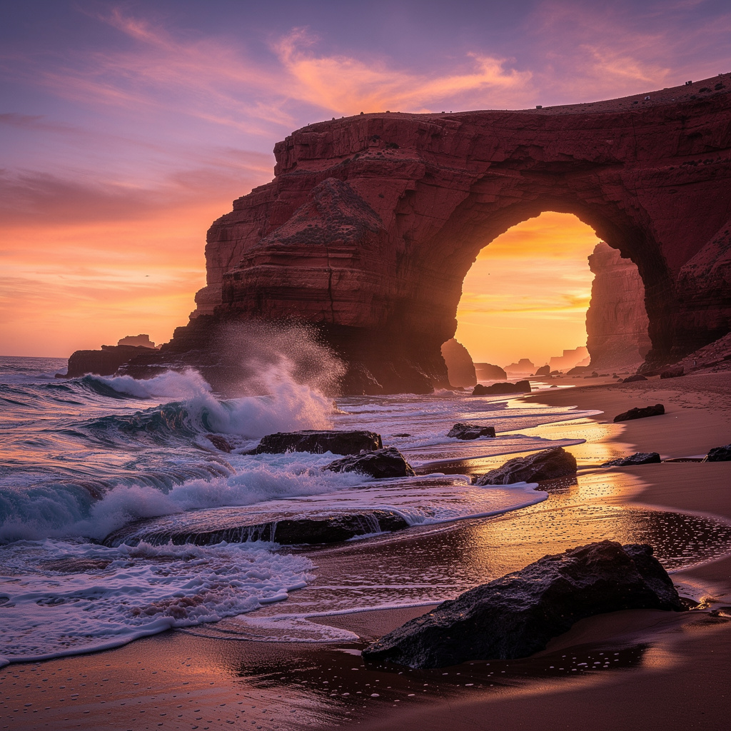 Legzira beach red rock arch at sunset Morocco with dramatic Atlantic waves, wide orange-purple sky, tiny human figures showing scale of remote coastline hazards