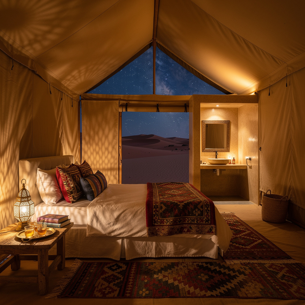 Luxury desert camp tent in Erg Chebbi with king-size bed and stargazing views through open canopy