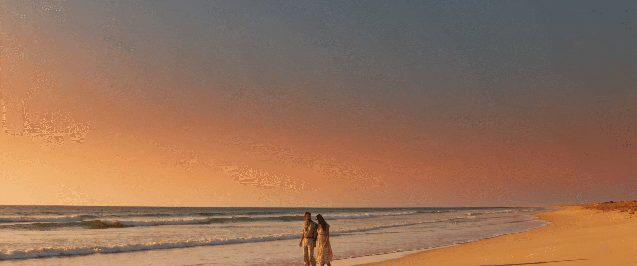 Morocco beach weather guide- panoramic sunset view of Agadir beach with warm golden light, perfect coastal climate for your Morocco travel planning.