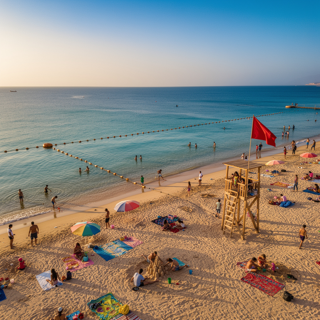 Safe family beach at Saïdia Morocco with calm turquoise water, lifeguard tower visible, golden morning light showing supervised swimming area