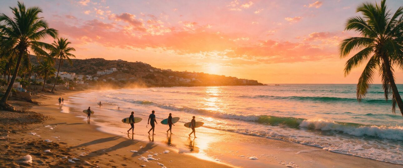 Sunset at Taghazout beach with surfers and palm trees