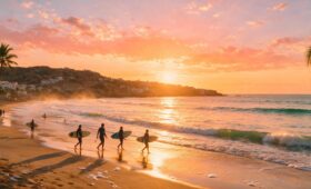 Sunset at Taghazout beach with surfers and palm trees