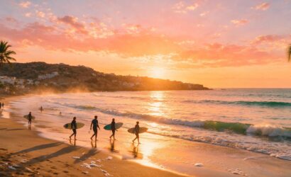 Sunset at Taghazout beach with surfers and palm trees
