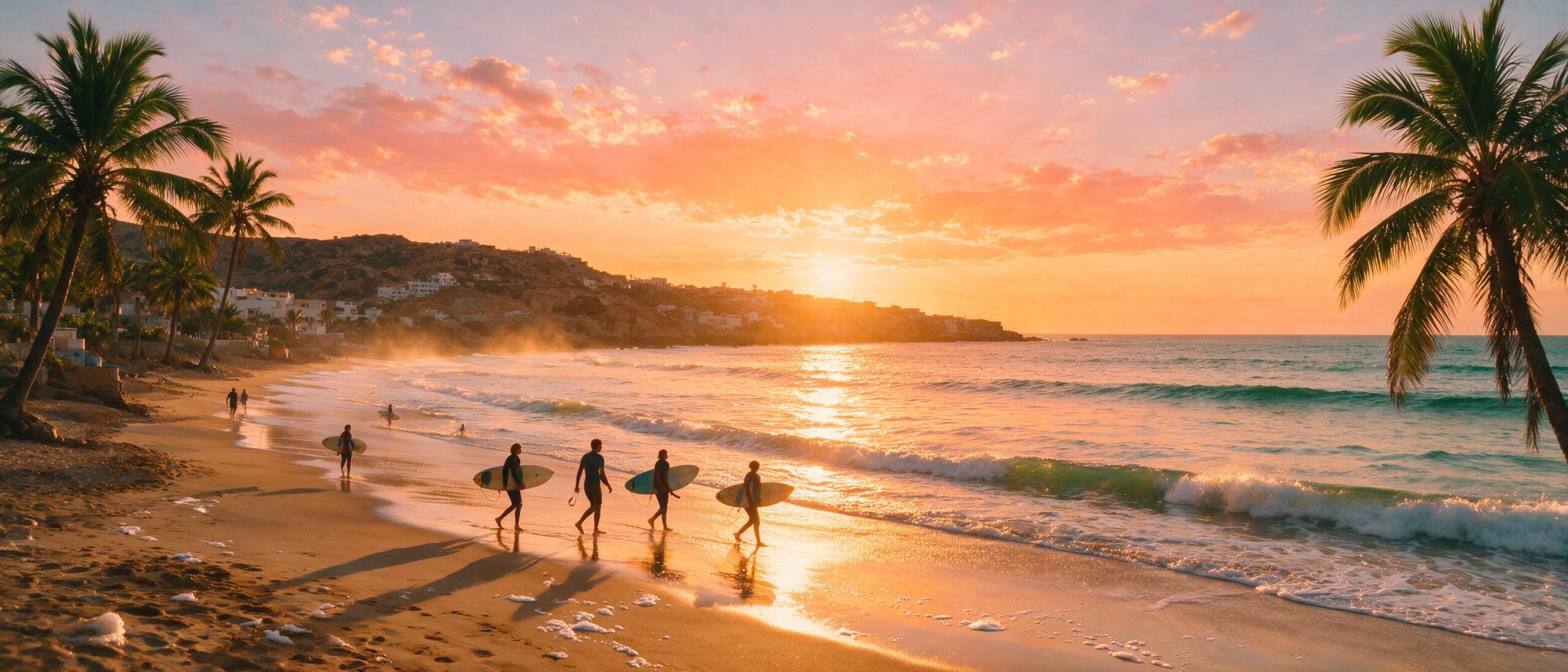 Golden hour sunset over Taghazout beach Morocco with surfers catching Atlantic waves, palm trees framing the coastline, answering is Morocco beach safe and does Morocco have good beaches
