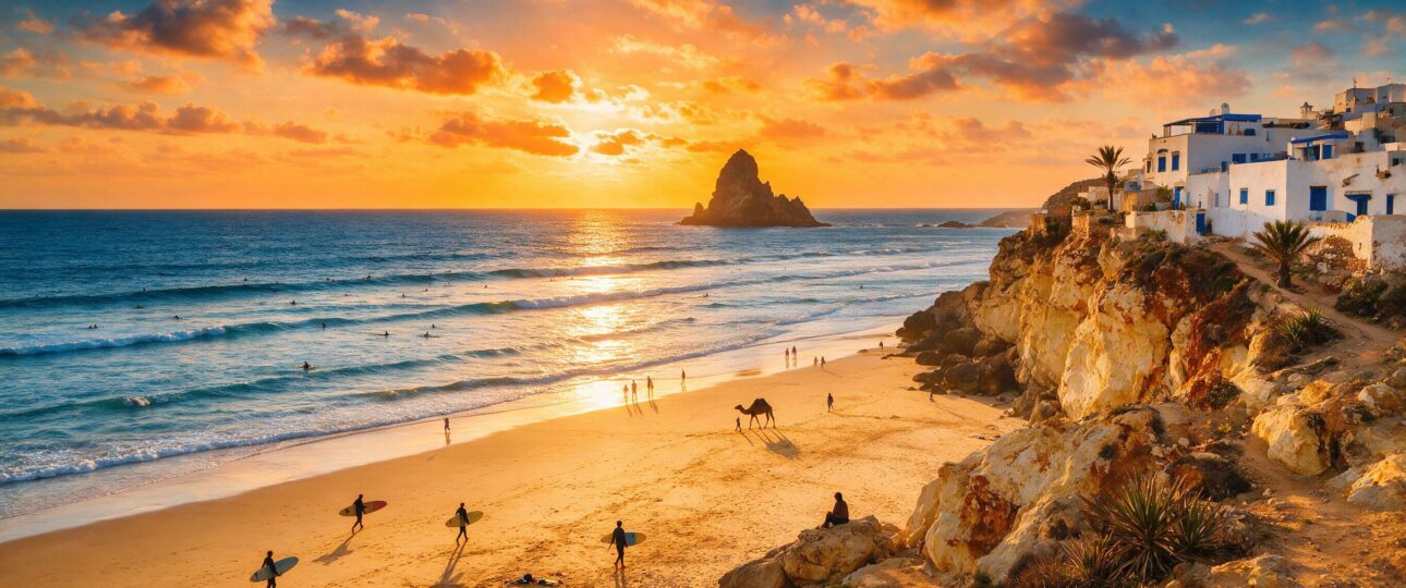 Taghazout Morocco beach at sunset with surfers and Camel Rock, golden sand and whitewashed village on cliffs, ultimate surf capital destination.