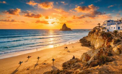 Taghazout Morocco beach at sunset with surfers and Camel Rock, golden sand and whitewashed village on cliffs, ultimate surf capital destination.